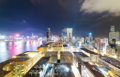 night scenery of hong kong, viewed from tsim sha tsui area in kowloon, with city skyline of crowded skyscrapers & colorful city lights along victoria harbour ~ beautiful cityscape of hongkong at dusk