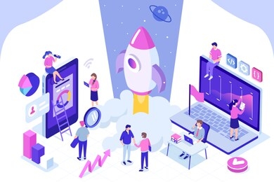startup concept with rocket launch. can use for web banner, infographics, hero images. flat isometric vector illustration isolated on white background.