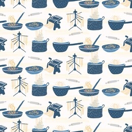 homemade spaghetti  seamless vector pattern illustration. hand drawn pasta noodle pot, sieve, bowl, rack, machine pan. cooking class blog backdrop. traditional taste of italy restaurant celebration.