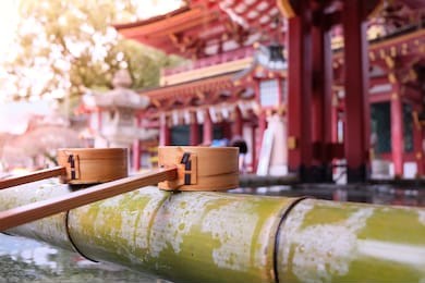 temizuya or shinto water ablution pavilion on bamboo with dazaifu shrine, fukuoka, japan. 