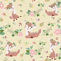 seamless pattern cute deer with floral crown  in the  flower garden, beautiful deer in  flower forest,illustration vector doodle comic art.