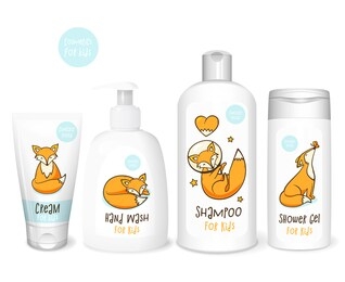 cosmetics for kids white templates set , vector 3d concept with fox