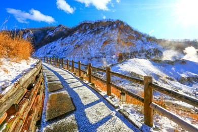 "hell valley" is a spectacular, appropriately named valley just above the town of noboribetsu onsen, which displays hot steam vents, sulfurous streams and other volcanic activity.
