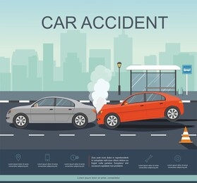 accident with two cars on the road. transporation infographic. banner flat vector illustration