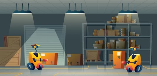 vector cartoon storehouse with robot-workers, delivery by smart technologies. background with automation in a warehouse, storage. artificial intelligence in forklift machine carries boxes from shelves