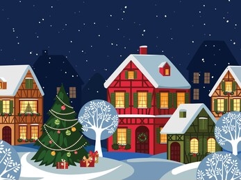 winter landscape.christmas background with fairy tale houses. snowy town at holiday eve.vector illustration.