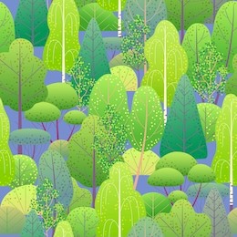 seamless pattern with colorful forest trees and bushes on blue background. endless texture with simple elements of plants.  spring foliage vector flat illustration. 