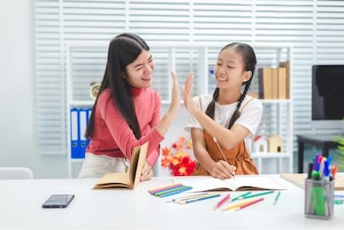 education family doing homework young and grand sister lesson practice preparing exam, asian girls.