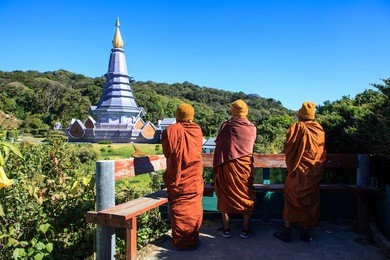 thai monks in doi inthanon national park, thailand