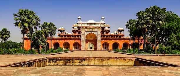 panoramic view of the tomb of the great mughal emperor, jalal-ud-din muhammad akbar, at sikandra, agra in uttar pradesh, india