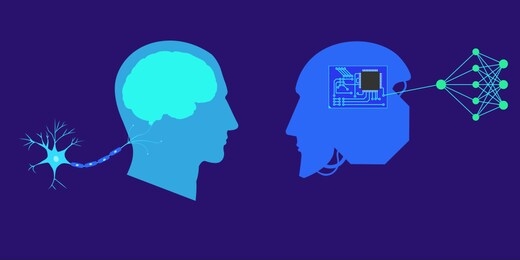 deep or machine learning concept. abstract vector illustration with with human and robot heads, neural network and microcircuits. future technology or artificial intelligence theme.