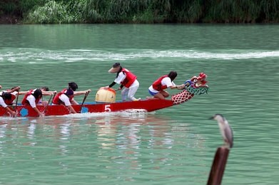 scene of a competitive boat racing in the traditional dragon boat festival in taipei, taiwan, with athletes pulling vigorously on their oars and competing with all their strength in colorful boats