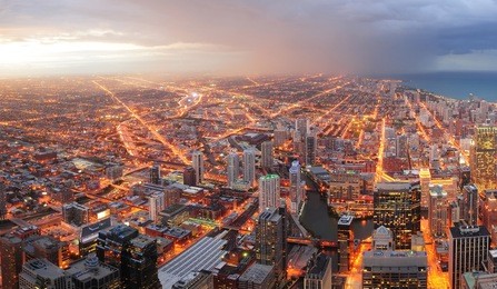 chicago downtown aerial panorama view at dusk with skyscrapers and city skyline at michigan lakefront.