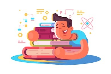 cartoon man reading many books. tired student sleeping on book vector illustration. exhausted boy dozing off and dreams about science and education flat concept
