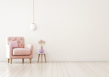 living room interior wall mock up with pink tufted armchair, pastel pillow, hanging lamp and flowers in vase on  empty warm white background.  free space on right. 3d rendering.
