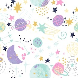 cartoon cosmic background: cute planets, moon, shooting stars, galaxy, milky way. cosmos art illustration, grunge, doodle textures. kids design for nursery