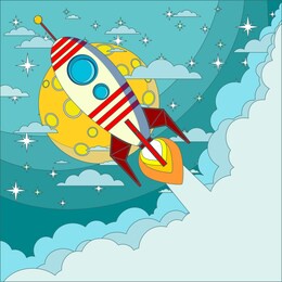 space rocket flying in space with moon and stars on background print  illustration