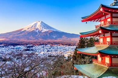 landmark of japan in the winter chureito red pagoda and mt. fuji in fujiyoshid japan