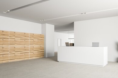corner of office reception area with white walls, carpet on floor, white reception desk with laptops and wooden lockers. office in the background. 3d rendering
