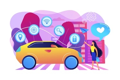 businesswoman with heart likes using autonomos car with technology icons. autonomous car, self-driving car, driverless robotic vehicle concept. bright vibrant violet vector isolated illustration