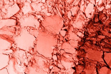 a broken colored in color of year 2019 living coral eye shadow make up palette. flat lay. copy space for your text. creative fashion and beauty living coral concept.