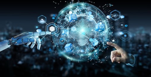white robot hand on blurred background using digital screen interface 3d rendering