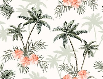  beautiful tropical vintage palm trees and cheetah floral seamless pattern white background. exotic jungle wallpaper with coconut palms, coral hibiscus. isolated on white background. 