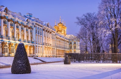 lilac light of the evening around the catherine palace in tsarskoye selo winter snowy evening