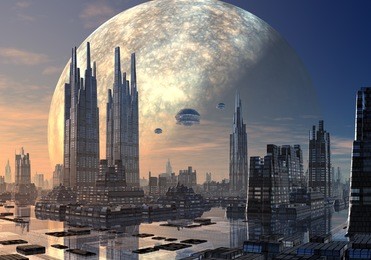 flying saucers over modern cityscape