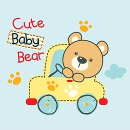 illustration of a cute baby bear driving a car