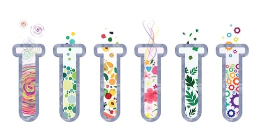 vector illustration of glass flask with cogs leaves flowers food for experiential activities and scientific development investigation