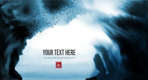 blue ink wash painting. traditional japanese ink painting sumi-e. hieroglyph - eternity