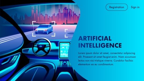 artificial intelligence smart safety autonomous car cockpit. city landscape view. future unmanned automobile driving innovation inside. ai data system. cartoon auto steering interior.