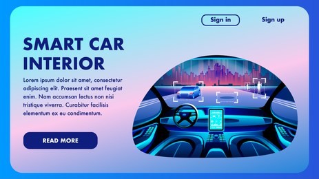 smart car interior. future vector flat banner. autonomous vehicle, driverless car interior with city landscape. artificial intelligence on the road. cockpit with technology gps monitor.