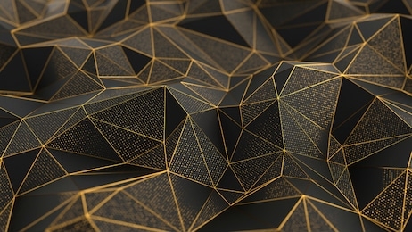 abstract low-poly black background with golden lines. 3d render illustration