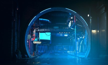 street of a futuristic city, starting with an arch in a brick wall. photorealistic 3d illustration. night scene with neon lighting.
city landscape in the style of cyberpunk.