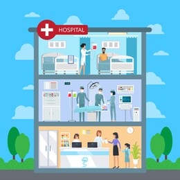 hospital with white cross in red circle, structure of building and exterior with trees and blue sky represented on raster illustration