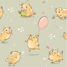 funny happy pig seamless pattern illustration. cute print with piggy character fly on balloon, hold pineapple get fun. summer childish greeting set symbol of 2019 year vector for wrapping paper