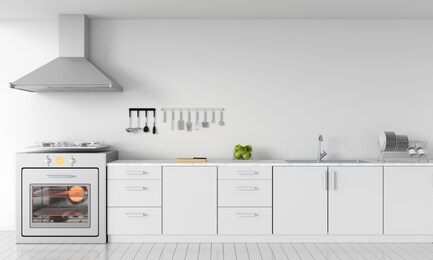 modern white kitchen countertop with gas stove and sink for mockup, 3d rendering