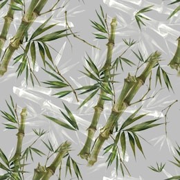 watercolor illustration of bamboo leaves , seamless pattern on gray background