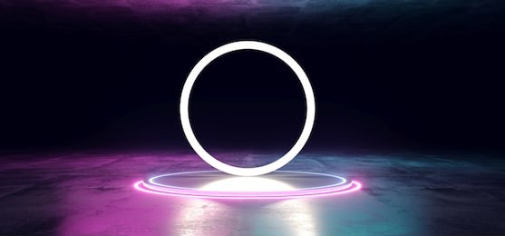 modern futuristic sci fi dark grunge concrete reflective texture room with led neon laser glowing purple pink blue light circles and big circle light empty space 3d rendering illustration