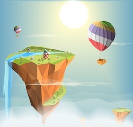 island green landscape with tree and wind house, balloon colorful above it with sunset and cloudy blue sky background,low poly and polygon ,isometric design,fantasy for game,vector art  illustration.
