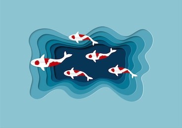 paper cut style. fancy carp fish swimming on water in pond. beautiful japanese koi fish on green and blue water with different layers and trendy craft style. vector illustration.