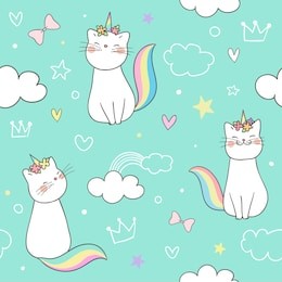 draw seamless pattern background kitty cat unicorn on sweet pastel.doodle cartoon style.