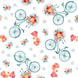 watercolor valentines day illustration with hearts and bicycles. design for textile, wallpapers, wrapping, paper. seamless background. surface pattern design