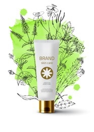product mockup and sketch medicinal herbs: chicory, peppermint, helichrysum, celandine. green watercolor vector background. 3d realistic illustration. cosmetic white tube of cream. skin care product.