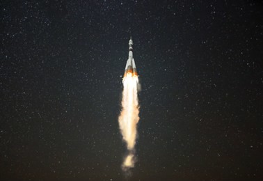 concept of the launch of the spacecraft in the stellar space. start concept. rocket on a starry background