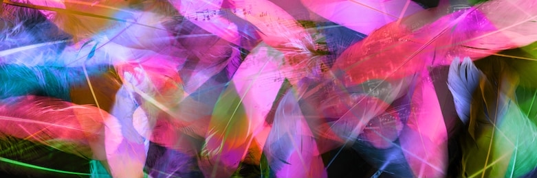 music notes background on layered, transparent and vivid feathers in a modern neon look
