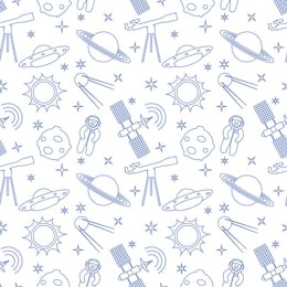 seamless pattern with telescope, ufo, satellite, planets, astronaut, orbital station, sun, stars. space exploration. astronomy. science.