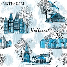 seamless pattern with amsterdam architecture, windmills watercolor illustration. winter texture.